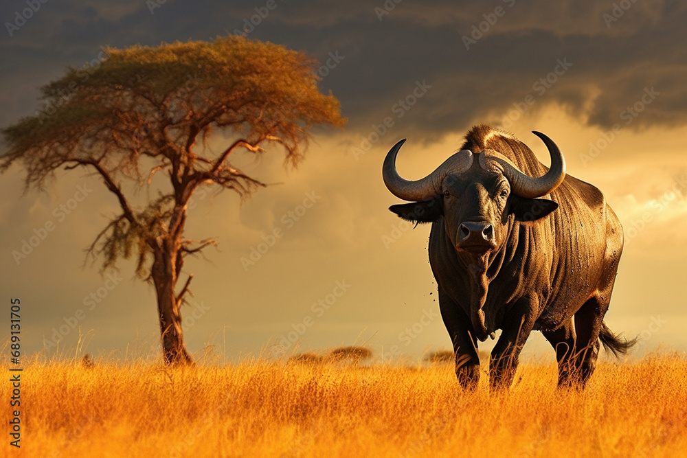 Obraz premium African buffalo in savanna, National Reserve created with Generative Ai