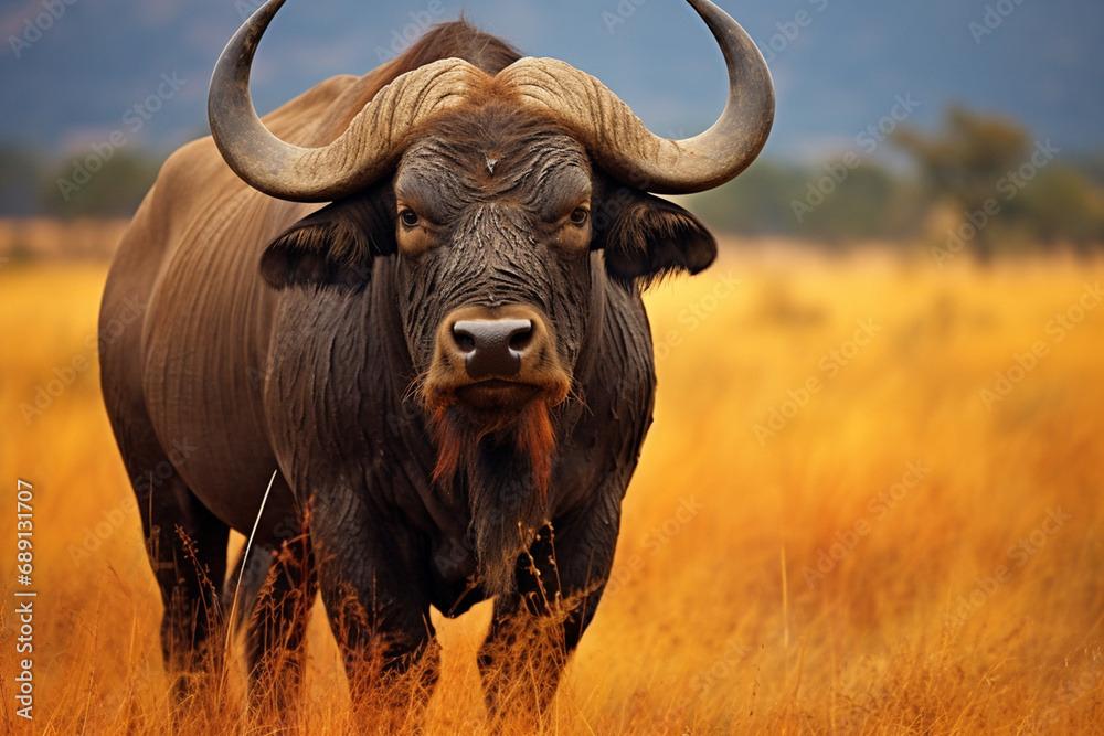 African buffalo in savanna, National Reserve created with Generative Ai African buffalo in savanna, National Reserve created with Generative Ai