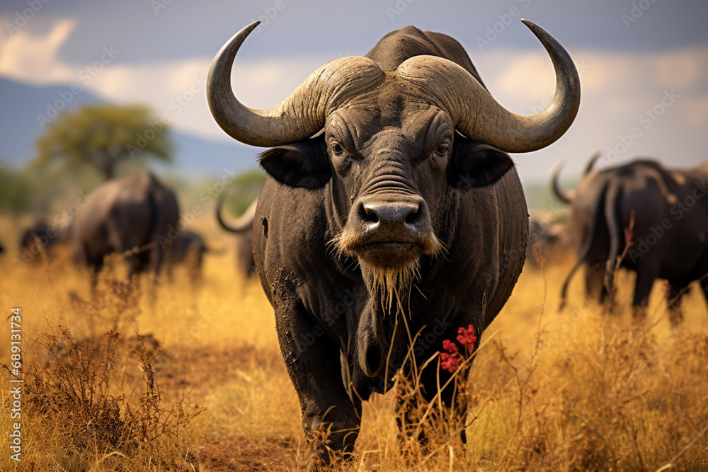 African buffalo in savanna, National Reserve created with Generative Ai African buffalo in savanna, National Reserve created with Generative Ai