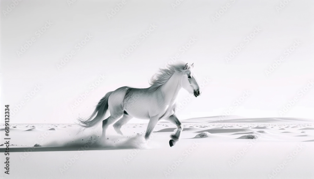 Fototapeta premium Dynamic running horse, white snow background