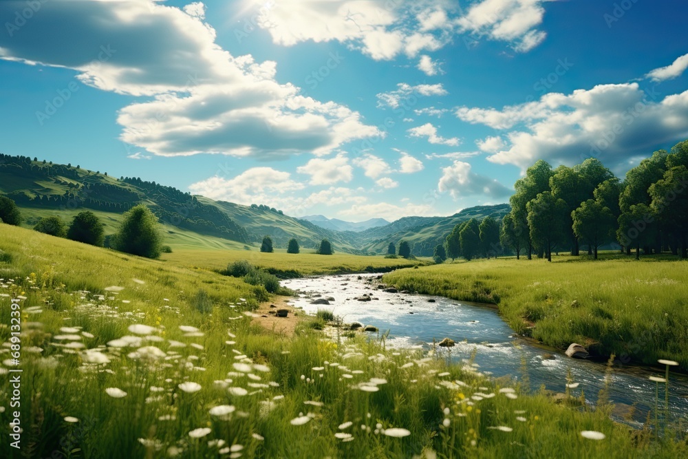 Beautiful summer landscape. Beautiful blue sky and white clouds. River in the field. Generative AI Art. Beautiful view.