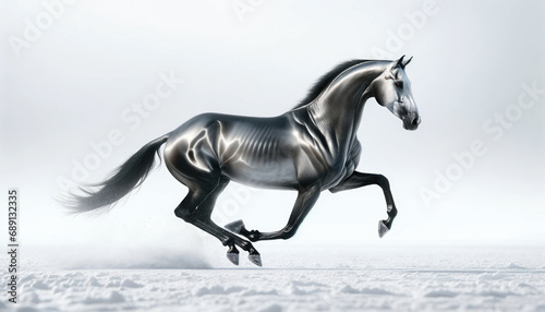 Dynamic running horse, white snow background