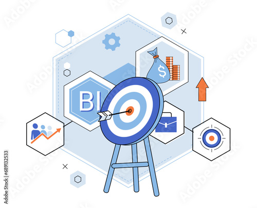 Business intelligence. Vector illustration Information is valuable asset in making informed business decisions Solutions are developed to address specific business challenges Analytics enables