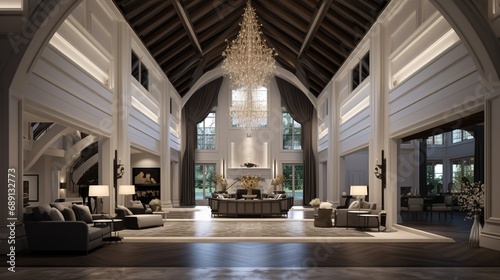A grand foyer with a high, vaulted ceiling featuring a large, modern chandelier and indirect cove lighting