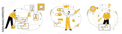 Business thinking vector illustration. Business thinking metaphorically dances with creativity in ballet innovation Intelligence and analysis are guiding stars in galaxy business thinking