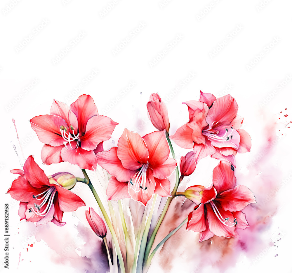 Watercolor Red Amaryllis Flower Art Background with copy space