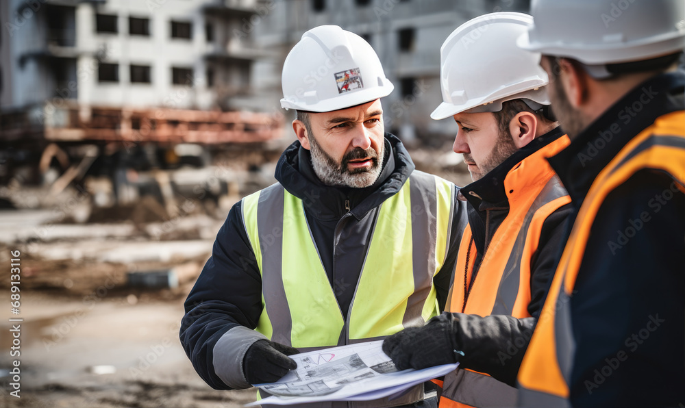 Professional engineers discussing about blueprints and effectivity at construction site Professional engineers discussing about blueprints and effectivity at construction site