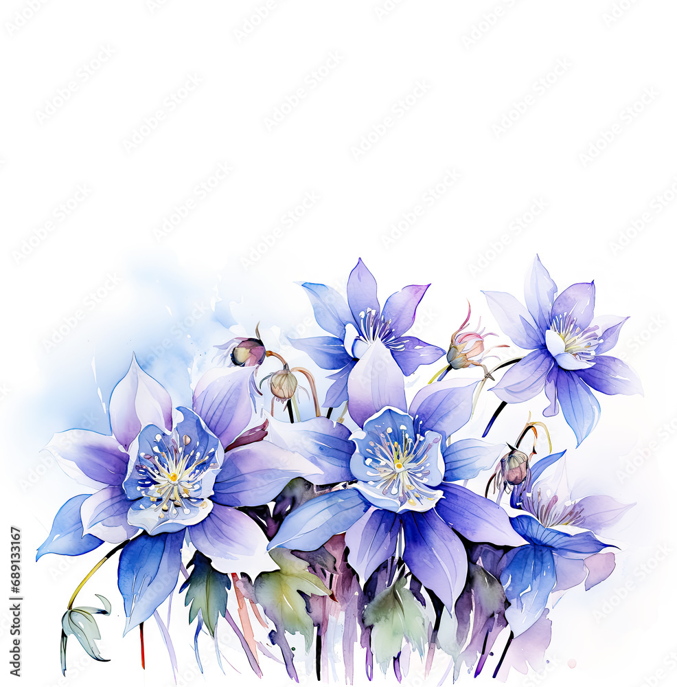 Watercolor Columbine Flower Art on White Background with copy space Watercolor Columbine Flower Art on White Background with copy space