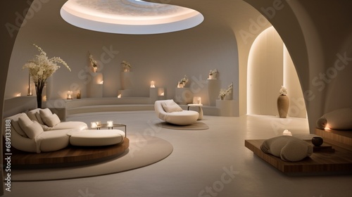 A high-end spa lounge with a serene, curved ceiling design, featuring recessed mood lighting for relaxation