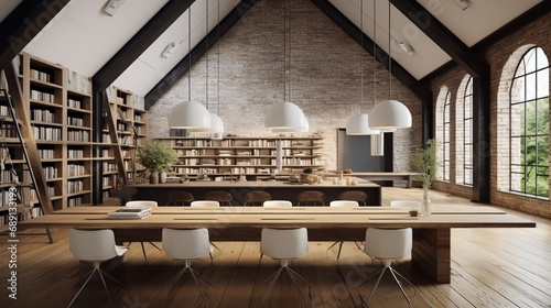 A high-ceilinged industrial loft with original wooden beams  enhanced with modern  minimalist pendant lights