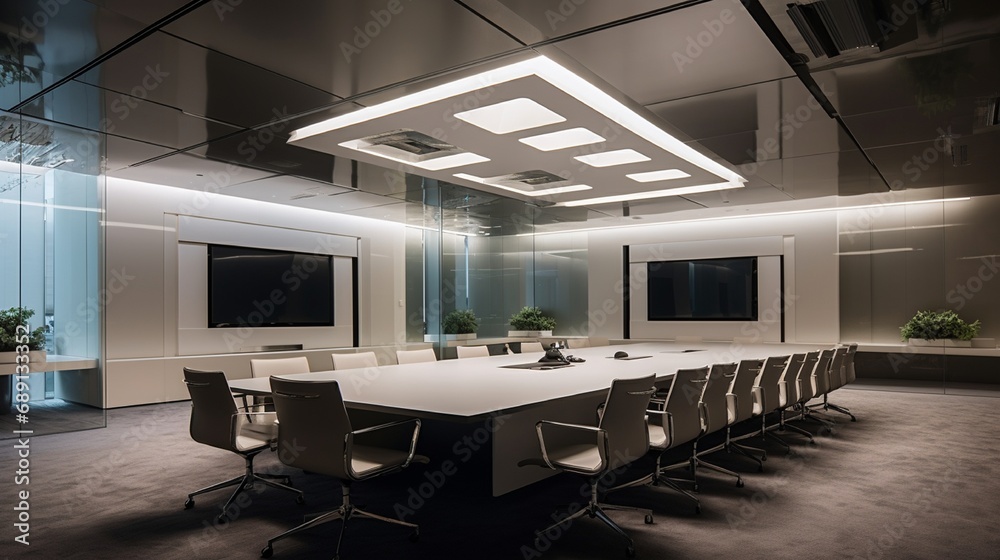 A high-tech conference room with a modular ceiling grid system, integrating lighting, ventilation, and audiovisual equipment
