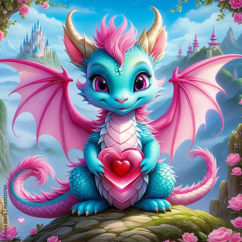 dragon with heart color illustration created with generative AI software.