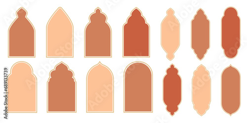 Set islamic arch frames, minimal boho borders, windows, arabic isolated on white background. islamic eid mubarak, morocco mosque.