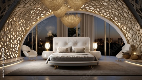 A luxurious bedroom featuring a ceiling with an intricate geometric pattern in white and gold, illuminated by hidden LED lights photo