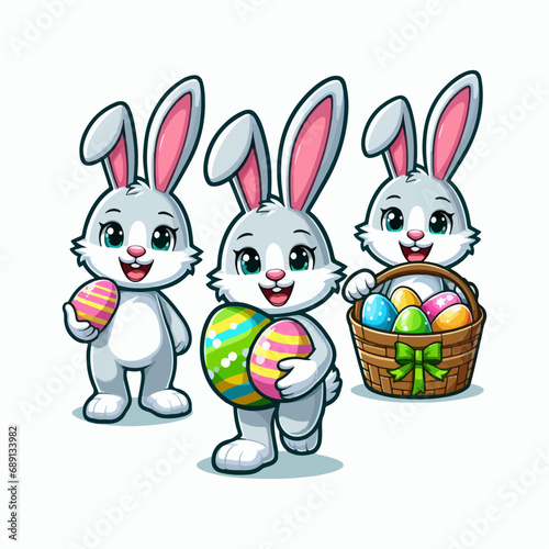 a cute fluffy white easter bunny with easter egg vector illustration