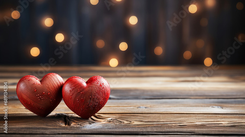 Red Hearts On Wood Glowing background For Valentines Day Special_Copy Space_ AI