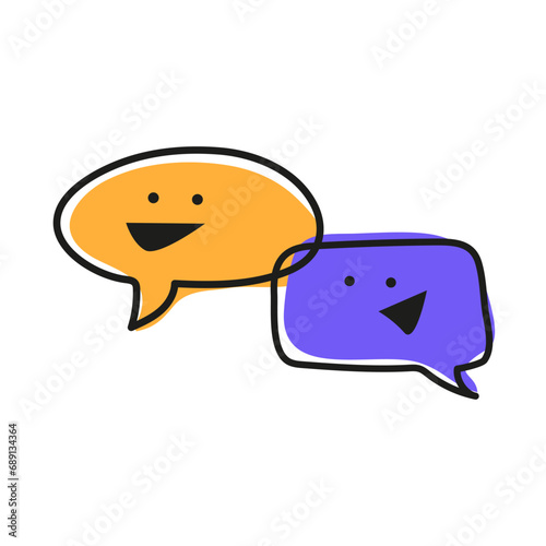 Two colored funny talking clouds with eyes and smile. Pop art illustration. Human emotions and emoticon. Dialog box with cartoon eyes