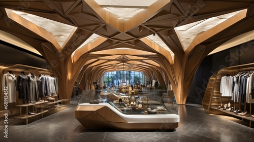 A luxury retail store with a geometric-patterned ceiling  combining wood and glass elements for a sophisticated ambiance