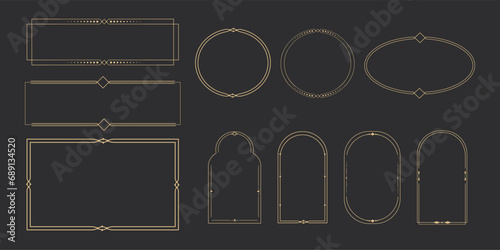 Set Golden celestial frames, borders, oval, circle and arch line art esoteric minimal decoration with sparkles isolated on dark background.