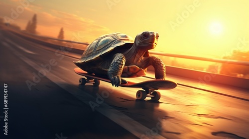 Adventurous Turtle Skateboarding at Sunset. Generative ai photo