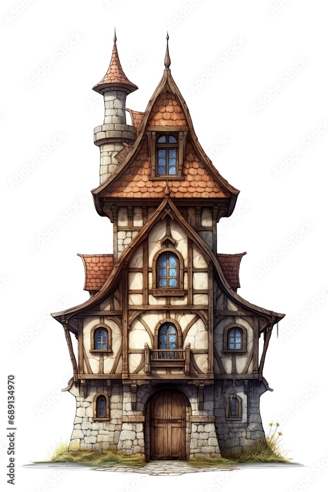 House in european medieval architecture style. Fantasy, fairytale concept. Ai Generative