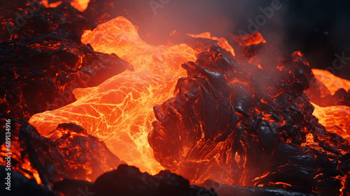 Close-up of flowing lava, top view. Dark texture background.