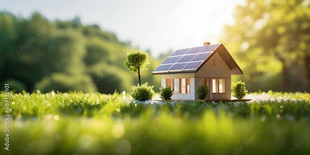 Eco-Friendly House Model on Lush Green Lawn. Generative ai Eco-Friendly House Model on Lush Green Lawn. Generative ai