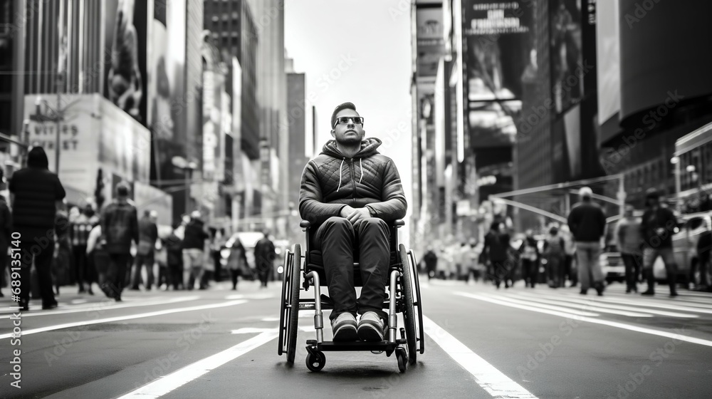 Wheelchair User Navigating City Streets at Sunset. Generative ai