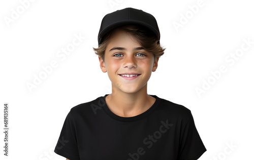 Dashing Teen Boy Wearing Black T-Shirt and Cap Isolated on a Transparent Background PNG.