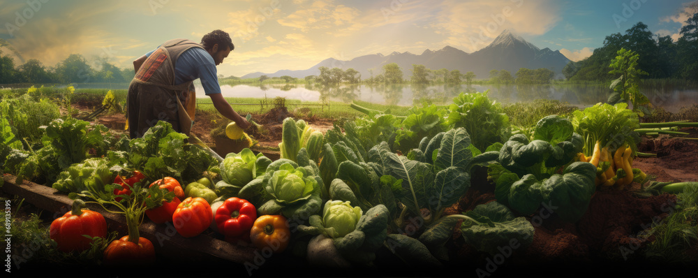 Obraz na płótnie Farmer harvest fresh vegetable from his farm w salonie