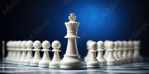 Close-up of a chessboard with king, pieces and pawns standing on it. Creative concept chess game banner, chess day, grandmaster, correct strategy, intellectual game.