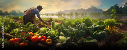 Farmer harvest fresh vegetable from his farm photo