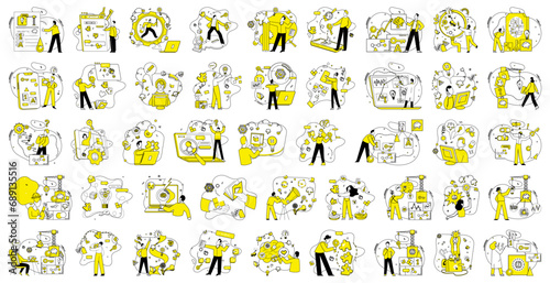 Business thinking vector illustration. Business thinking metaphorically dances with creativity in ballet innovation Intelligence and analysis are guiding stars in galaxy business thinking