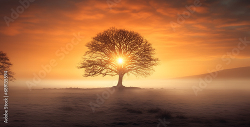 lone tree in meadow fog sunrise calm  tree silhouette at sunset