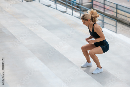 Blonde woman in sportswear jumping on the stairs photo