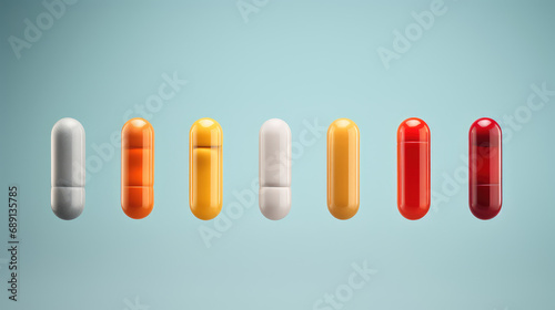 Color capsule tablets on flat colored background with copy space for text. 3d render style  medicines and dietary supplements.