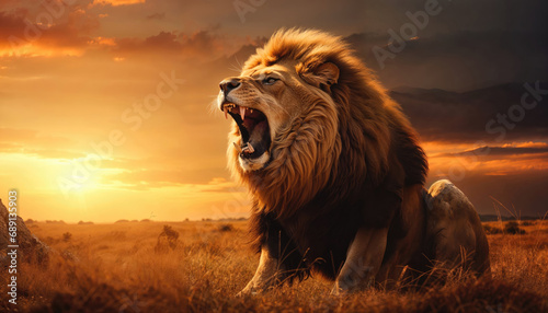 Majestic Lion Roaring at Sunset
