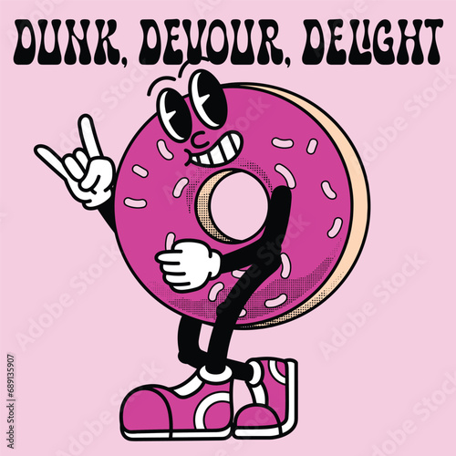 Donuts Character Design With Slogan Dunk, devour, delight