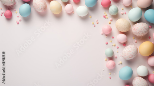 Creative Easter holiday card, invitation or banner. Pastel colored eggs on white background, spring Easter tradition, copy space.