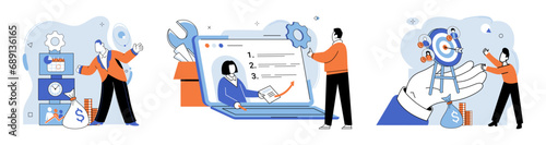 Business development. Vector illustration. Diverse groups bring fresh perspectives and ideas to table Finance courses equip individuals with valuable financial knowledge Banking institutions offer
