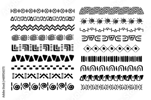 Set african tribal motive border in doodle hand drawn style from geometrical shapes isolated on white background. boho scandinavian srtoke, traditional native decor. photo