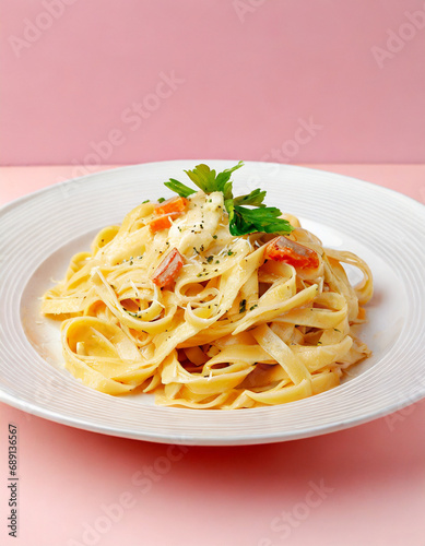 Plate of fettucini alfredo with garnish isolated on pink background for menu, side view, delicious Italian pasta dish food menu.