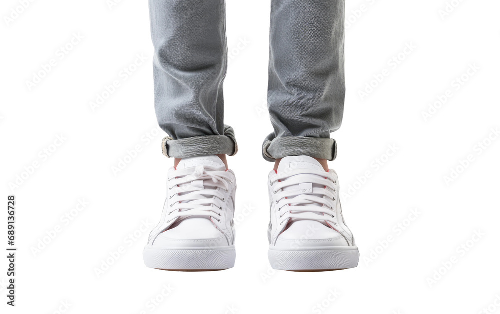 Young Boy Wearing White Sneakers Isolated on a Transparent Background PNG.