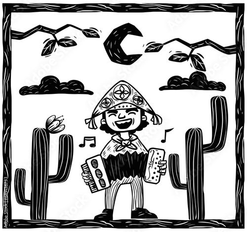 Accordion player playing instrument in a rural setting. Separate vectors in woodcut style