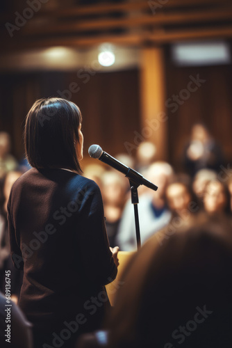 Woman speaker speaks with a microphone in front of a large audience of listeners. Master class, educational lecture, self-development, business speech at the conference, vertical. photo