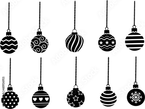 Hanging Christmas balls, bauble icon set. Collection of different Christmas balls for designing poster, banner or flyer about the festival. New year, greeting and toy decoration in high HD resolution.