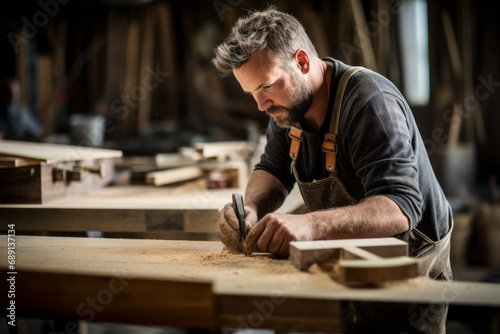 An experienced carpenter passionately crafting wooden furniture in a workshop