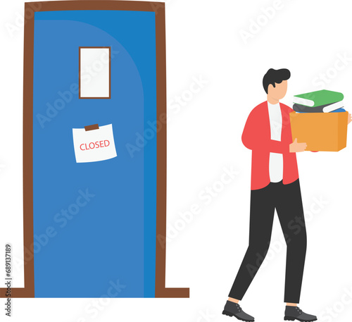 Unhappy fired man leaves the office with things in boxes, Layoff concept. Unemployment, Crisis, joblessness.

