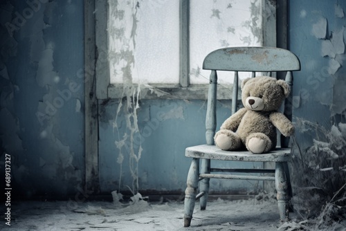 A stuffed forgotten toy teddy bear on chair in an abandoned house with cracked windows and peeling paint, copy space