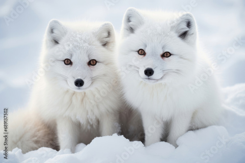 Cute Arctic foxes on the snow in the wild © Veniamin Kraskov